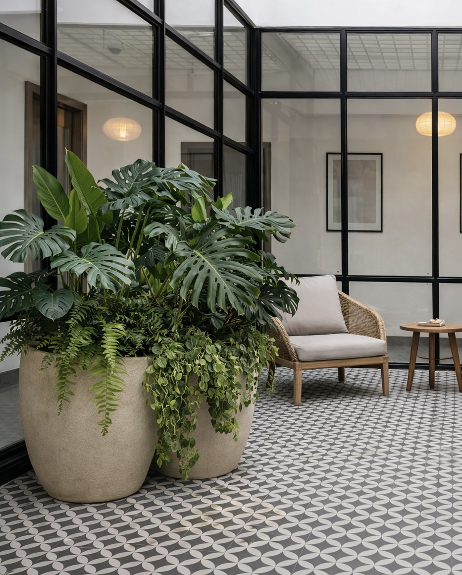 Patio contemporáneo con una composición exuberante de plantas tropicales